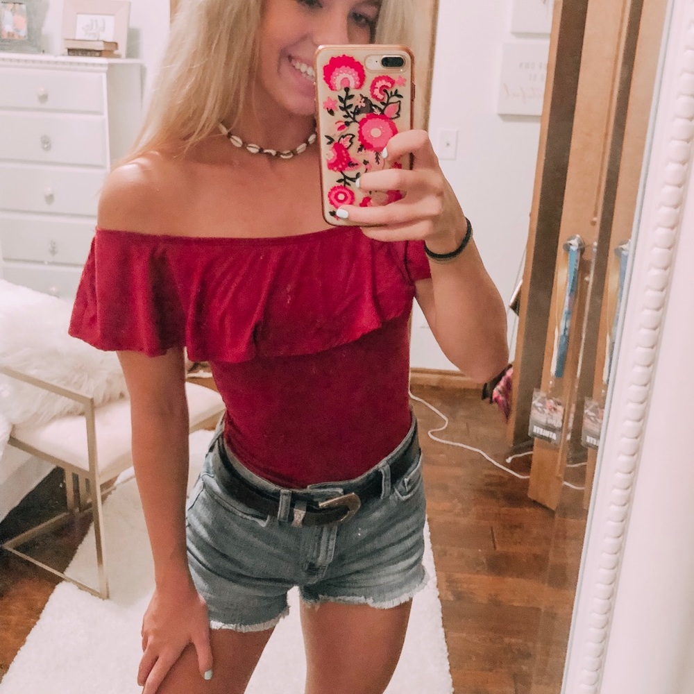 Red off the shoulder bodysuit !!